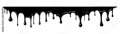Black dripping paint, melting chocolate or drip of oil. Set of abstract liquid stain elements. Flat vector illustration of splash ink flows
