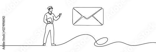 One line drawing of postman and envelope isolated on white background