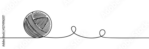 Ball of yarn continuous line sign. Round skein of knitting thread isolated on white background. Merino for knit needles, cotton for crochet. Crafting hobby. Vector sketch symbol for handmade design