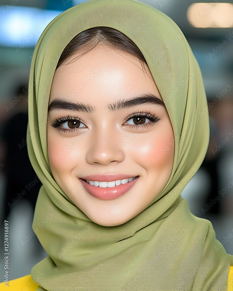 Smiling young woman in a green hijab, showcasing a natural and radiant beauty in a soft-focus background. diversity equity inclusion representation advocacy Smiling young woman in a green hijab, showcasing a natural and radiant beauty in a soft-focus background. diversity equity inclusion representation advocacy