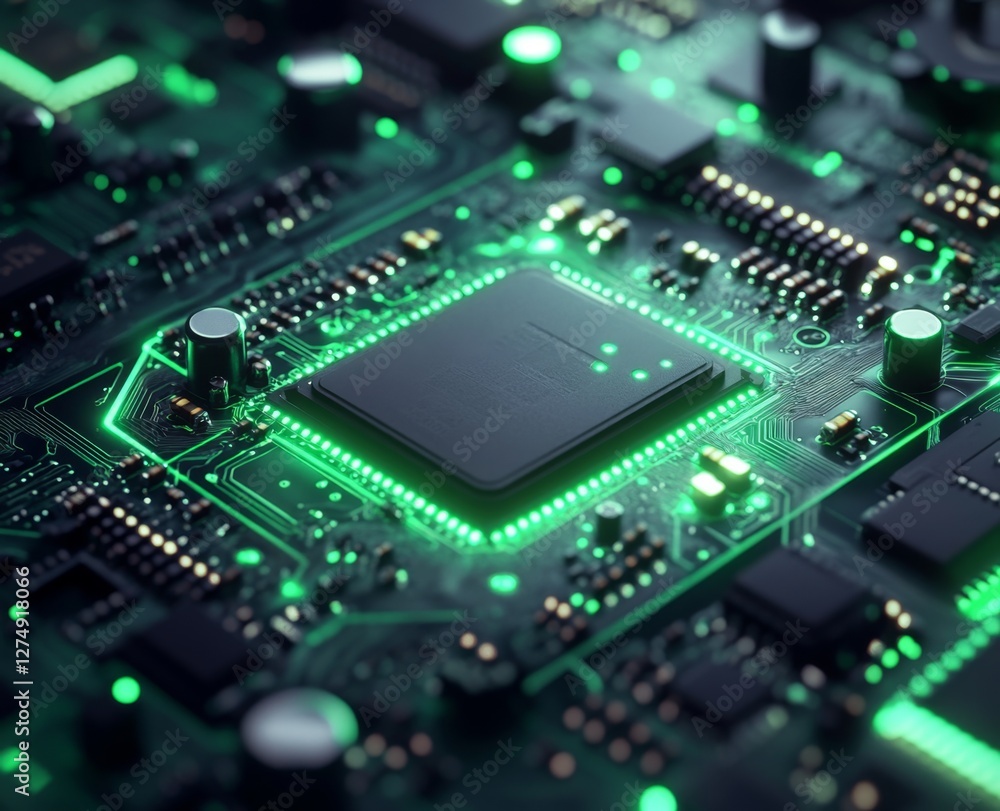 Green glowing CPU on circuit board, technology background Green glowing CPU on circuit board, technology background