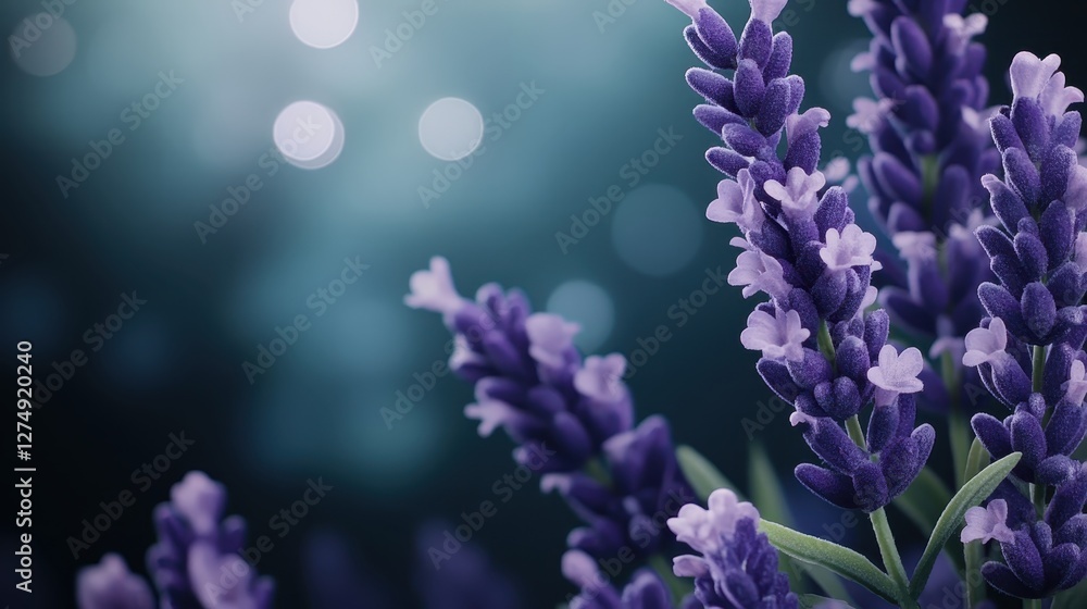 Lavender Flowers Against a Soft Blue Background with Blurred Bokeh Lights for Tranquility Lavender Flowers Against a Soft Blue Background with Blurred Bokeh Lights for Tranquility