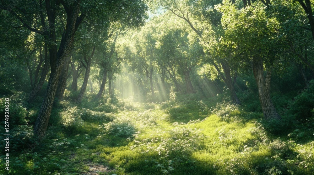Fototapeta premium Sunlight Filtering Through a Lush Forest