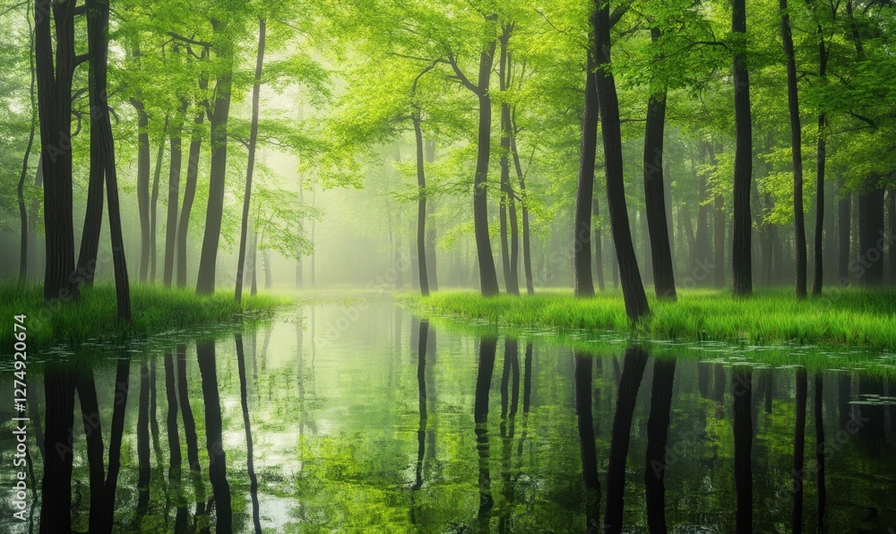 Serene forest landscape with lush green trees reflecting in a tranquil river under soft mist Serene forest landscape with lush green trees reflecting in a tranquil river under soft mist