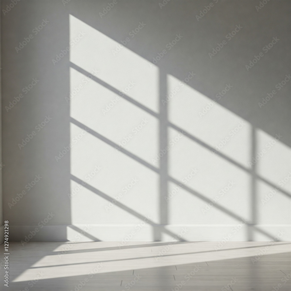 Soft natural light casts geometric window shadows on a plain white wall, creating a minimalist and tranquil aesthetic. The interplay of light and shadow adds depth and a serene, airy atmosphere Soft natural light casts geometric window shadows on a plain white wall, creating a minimalist and tranquil aesthetic. The interplay of light and shadow adds depth and a serene, airy atmosphere