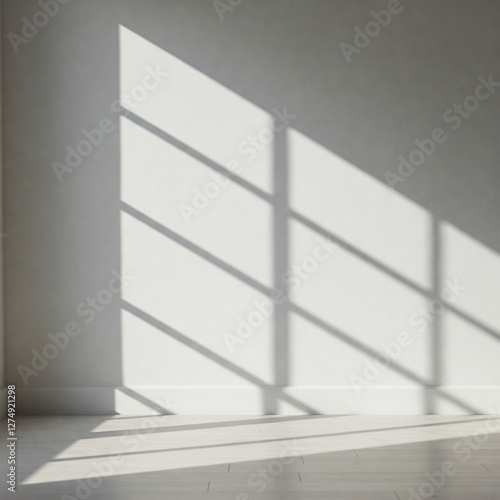 Soft natural light casts geometric window shadows on a plain white wall  creating a minimalist and tranquil aesthetic. The interplay of light and shadow adds depth and a serene  airy atmosphere