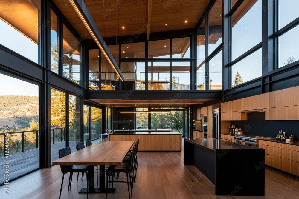 Obraz premium Modern Farmhouse Interior, Valley Views, Open Concept Kitchen