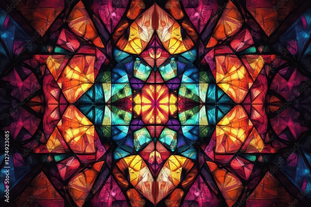 stained glass inspired digital fractal, kaleidoscopic patterns in jewel tones, light refracting through geometric shapes stained glass inspired digital fractal, kaleidoscopic patterns in jewel tones, light refracting through geometric shapes