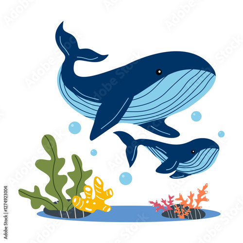 A mother blue whale swimming with her baby calf in the peaceful ocean, emphasizing the nurturing bond in the vast marine world.
