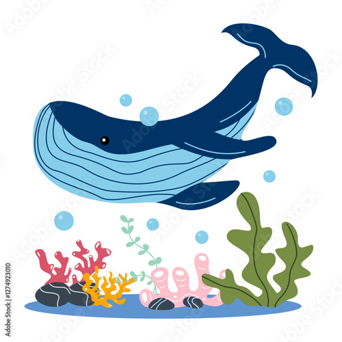 A blue whale gliding gracefully through the ocean near a vibrant coral reef, surrounded by colorful marine life, highlighting the harmony of ocean ecosystems.