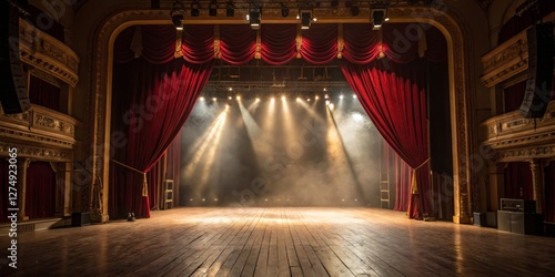 Stage set with dramatic red curtains and a spotlighted wooden floor in a classic theater setting photo