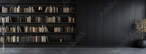 Dark room bookshelf interior design. Plant decor. Empty wall space