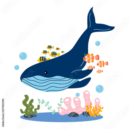 Whale Swimming in the Deep Sea. A majestic blue whale swimming gracefully through the ocean’s deep waters.