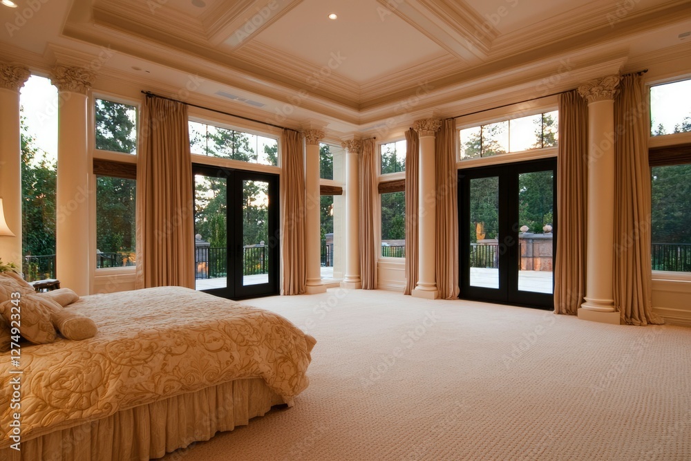 Luxurious bedroom with large windows overlooking the forest. Potential use Interior design, luxury real estate Luxurious bedroom with large windows overlooking the forest. Potential use Interior design, luxury real estate