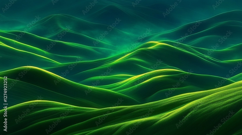 Fototapeta premium Green hills, glowing, landscape, digital art, background, nature, serenity, website