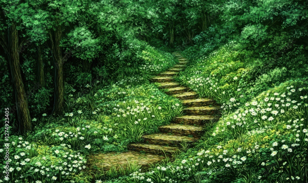 Fototapeta premium Serene forest pathway winding through lush greenery and blooming flowers under soft sunlight