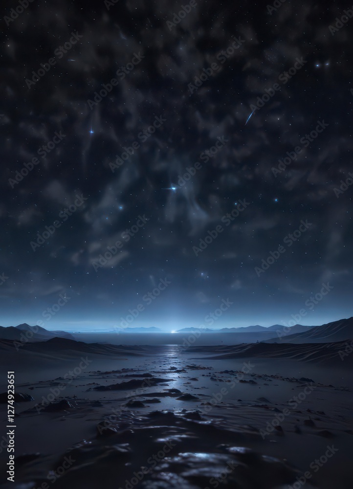 Obraz premium Dark blue night sky with glittering stars and a subtle glow on the horizon , dreamy, mystical, celestial