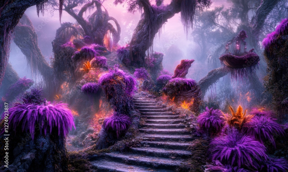 Enchanted forest pathway with vibrant purple flora, mystical lighting, and ethereal atmosphere Enchanted forest pathway with vibrant purple flora, mystical lighting, and ethereal atmosphere