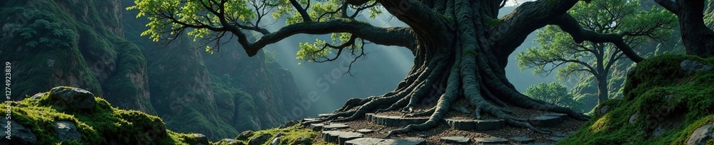 Fototapeta premium An ancient, gnarled tree casts twisted branches over a mysterious black stone altar, twigs, mossy