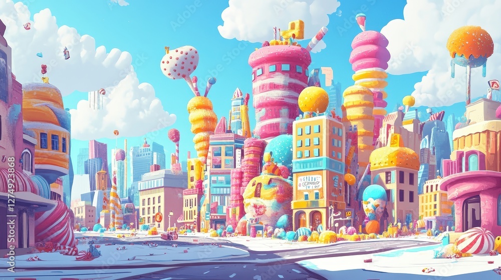 Colorful candy city with whimsical architecture and fluffy clouds Colorful candy city with whimsical architecture and fluffy clouds