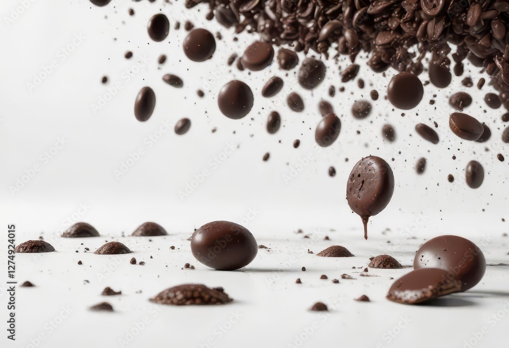 Fototapeta premium Dark chocolate drops falling horizontally on a white background, edible objects, sweets, desserts