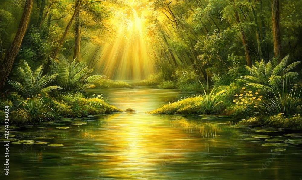 Serene forest landscape with sun rays illuminating a tranquil river, surrounded by lush greenery Serene forest landscape with sun rays illuminating a tranquil river, surrounded by lush greenery