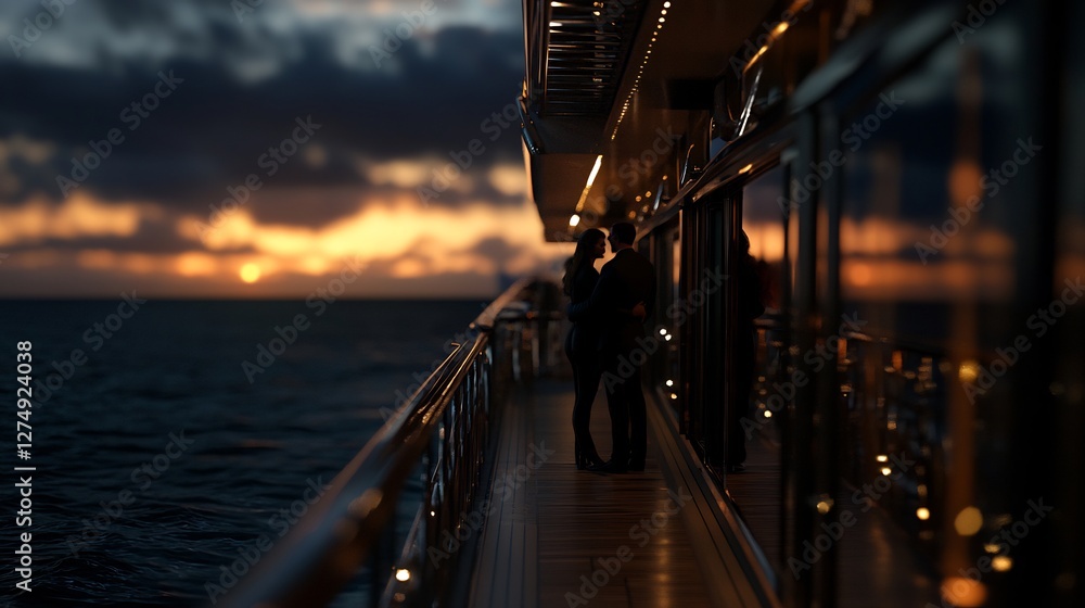 Couple Silhouette Standing On Luxury Yacht Deck At Sunset Over Calm Ocean Water Couple Silhouette Standing On Luxury Yacht Deck At Sunset Over Calm Ocean Water