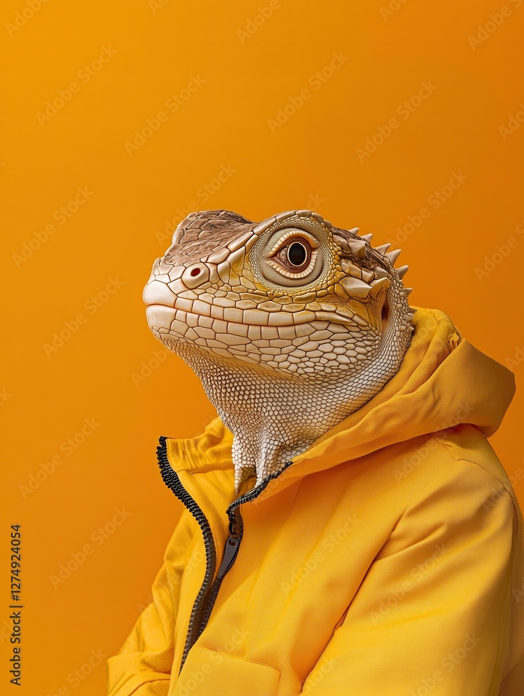 Surreal portrait of a lizard with a human-like appearance wearing a yellow hoodie against a solid orange background, creating a unique and artistic concept.