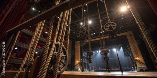 Theater stage setup with ropes and pulleys showcasing dramatic lighting during preparations for a performance
