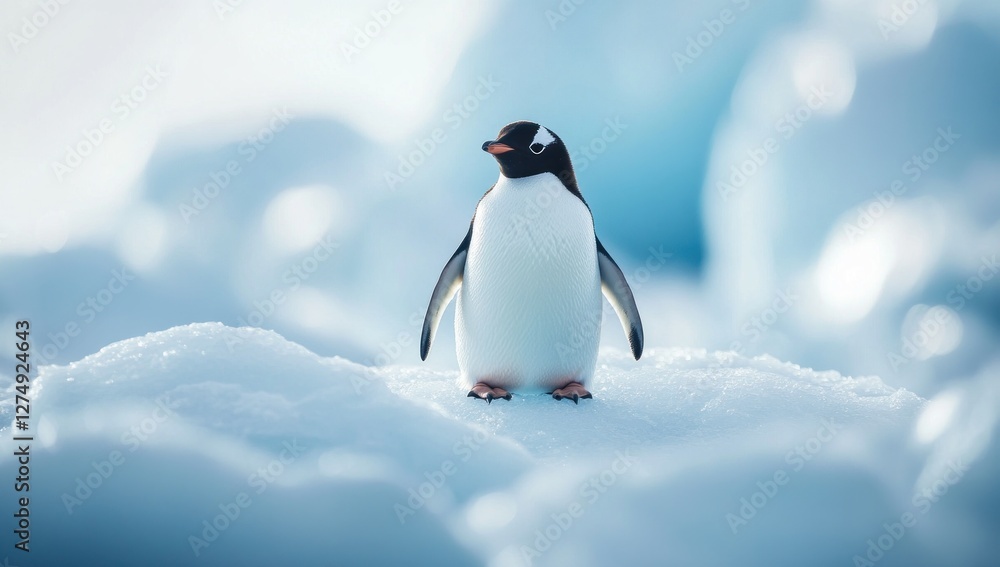 Obraz premium Portrait of a captivating gentoo penguin perched gracefully on shimmering antarctic ice under a bright diffused light