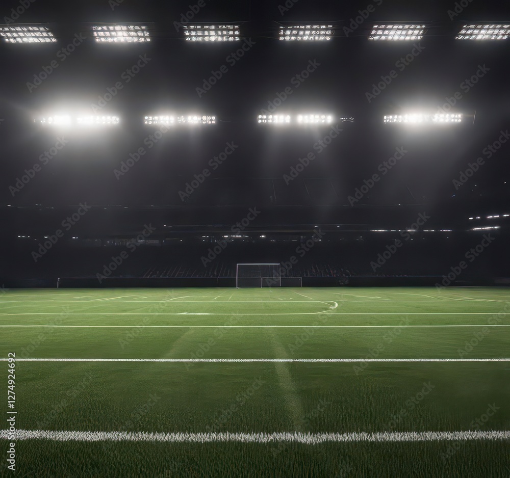 Fototapeta premium Dark stadium lights shining on football field at dusk, dusk, stadium, field
