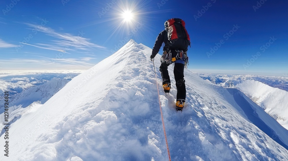 A climber ascends a snowy peak under a bright sun, showcasing adventure and determination. A climber ascends a snowy peak under a bright sun, showcasing adventure and determination.