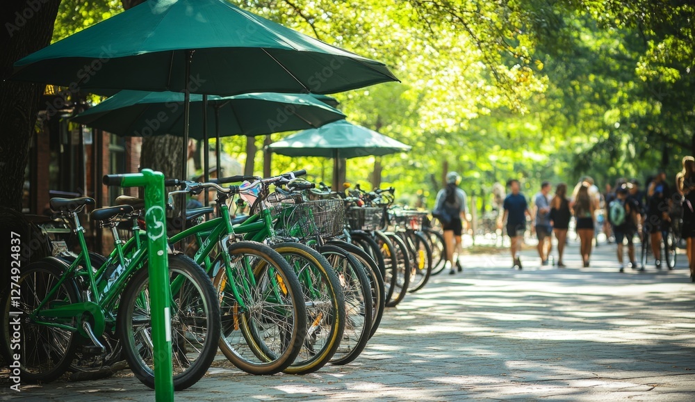 Park Bikes Parked Path Walkers Sunny Day Park Bikes Parked Path Walkers Sunny Day