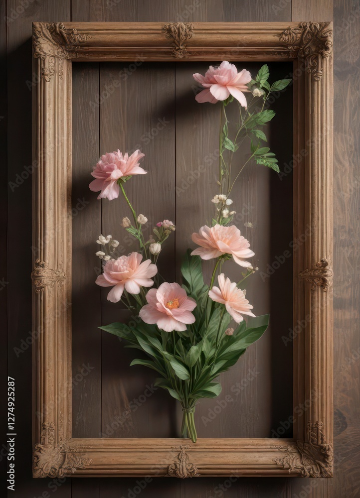 Fototapeta premium Delicate artificial flowers in a distressed wooden frame, antique decor, wall art, floral arrangement