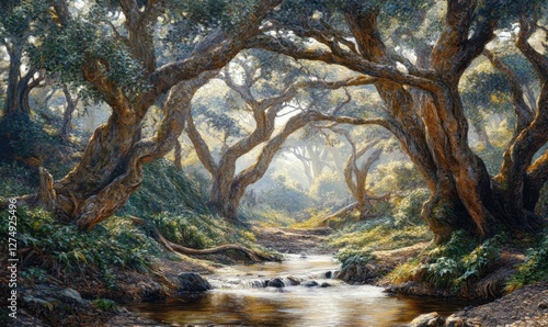 Serene forest landscape with a winding stream, dappled sunlight filtering through lush trees
