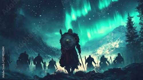 Vikings stand under the aurora borealis ready for their next battle