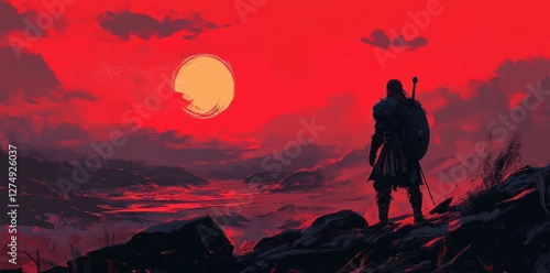 Viking warrior stands silhouetted against a fiery red sunset