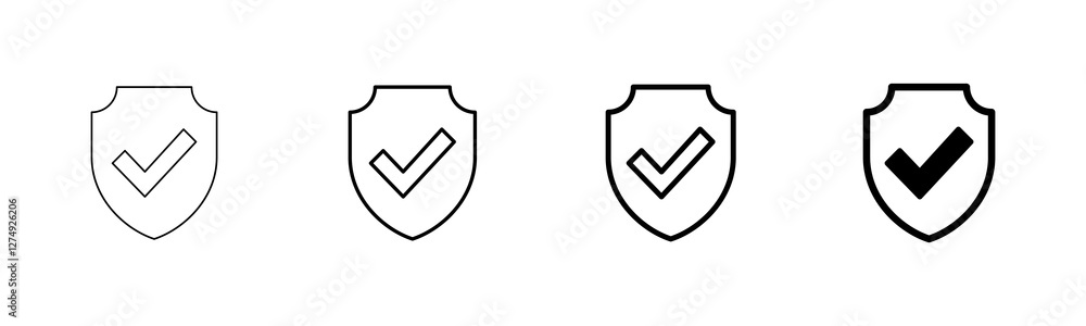 Shield check mark icon vector isolated on white background. Protection approve sign. Safe icon vector Shield check mark icon vector isolated on white background. Protection approve sign. Safe icon vector