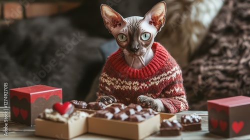 Hairless Cat Wearing Sweater Near Chocolates photo