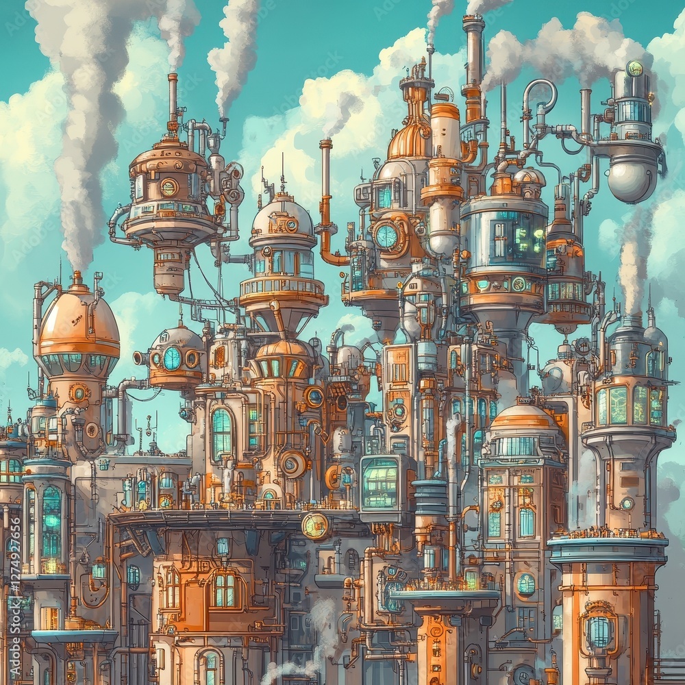 Fototapeta premium Steampunk city landscape filled with intricate pipes and towers