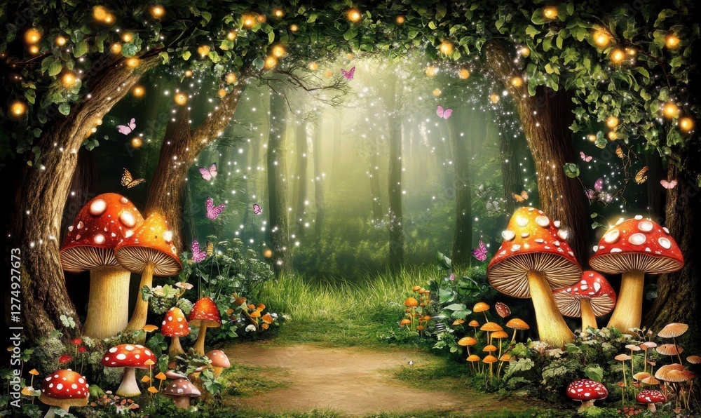 Fototapeta premium Enchanted forest scene with vibrant mushrooms, butterflies, and soft glowing lights