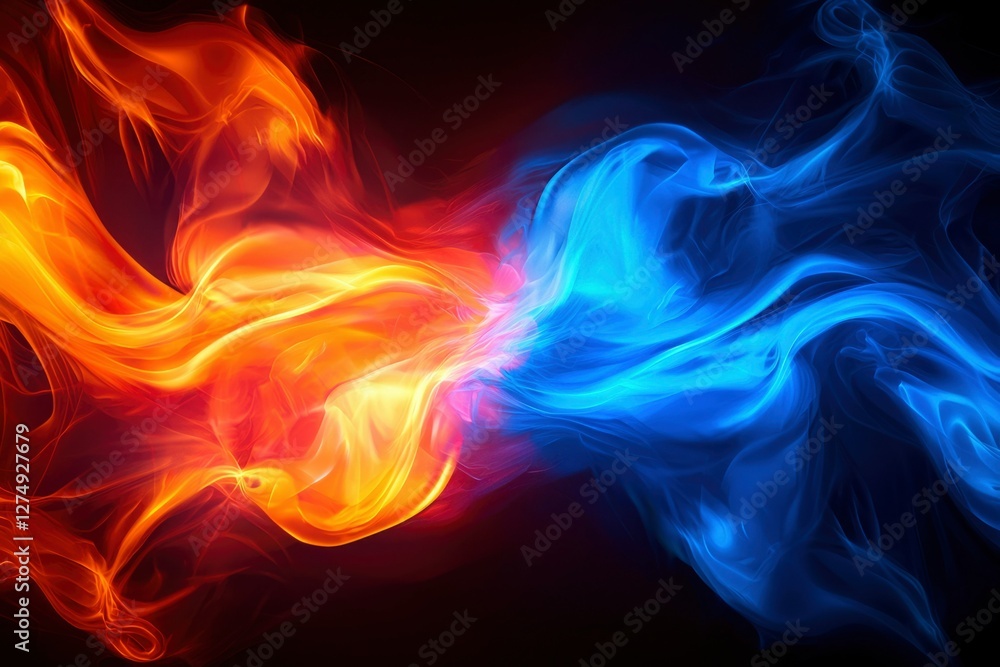 Fototapeta premium Opposing forces of blue and red smoke create a dynamic equilibrium