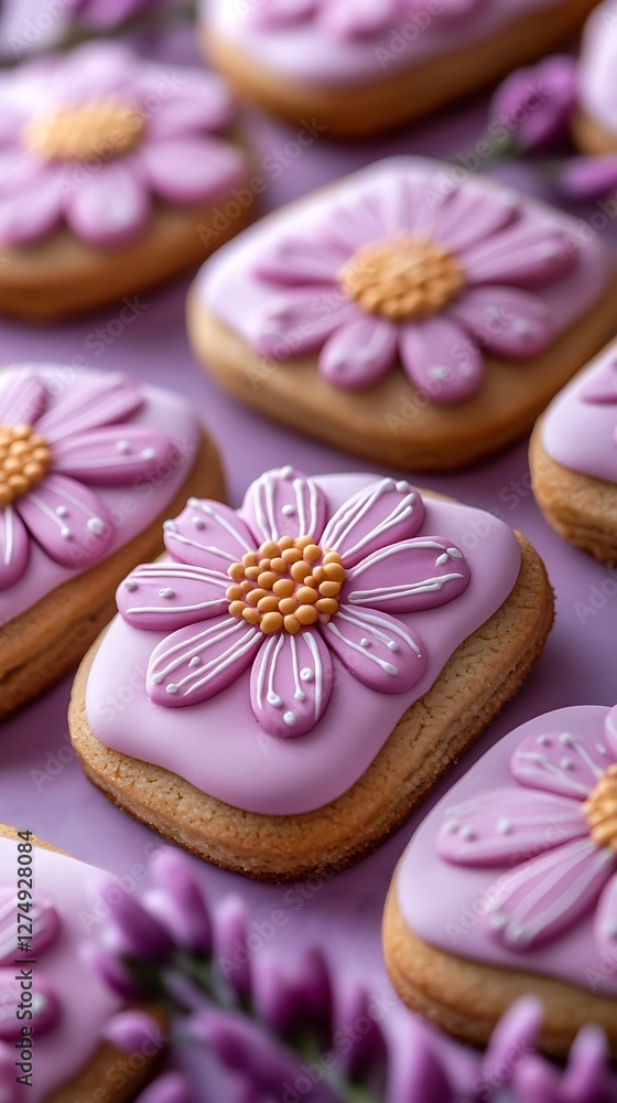 Floral iced cookies, purple background, spring flowers Floral iced cookies, purple background, spring flowers