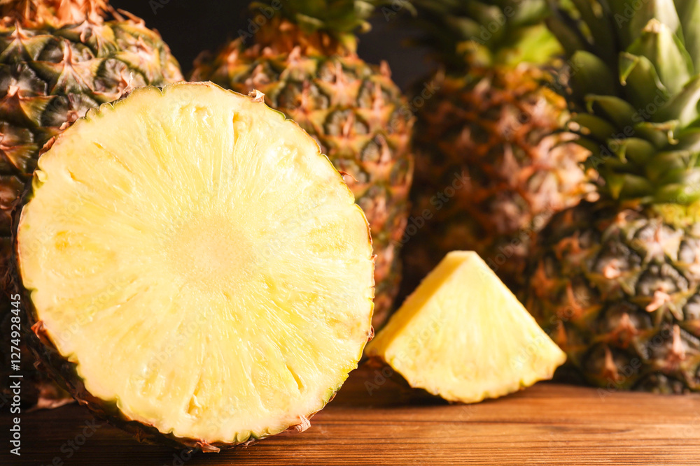 Whole and cut ripe pineapples on wooden table, closeup Whole and cut ripe pineapples on wooden table, closeup