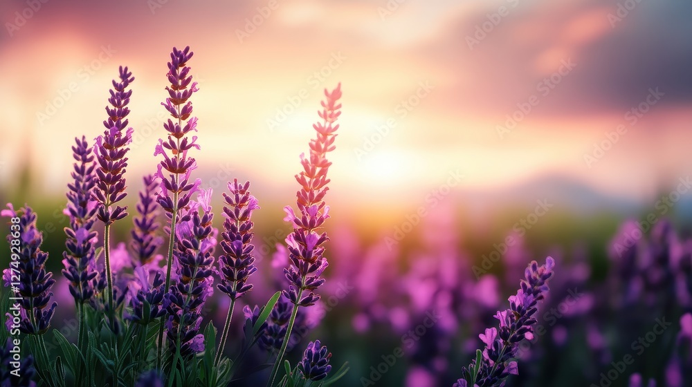 Naklejka premium Vibrant Lavender Field at Sunset with Soft Focus on Blooming Flowers and Gentle Colors