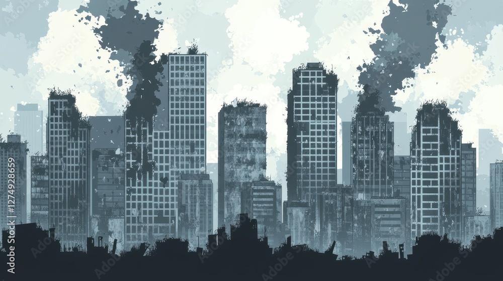 Fototapeta premium Skyline depicts a ruined cityscape with smoke and destruction