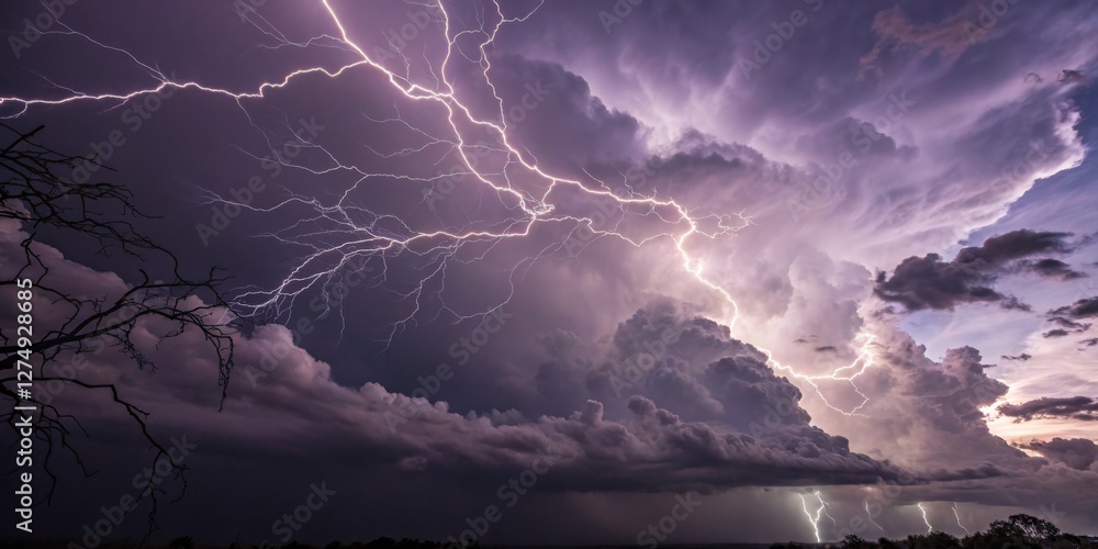 Dramatic lightning storm illuminates the night sky over a tranquil landscape during summer rain