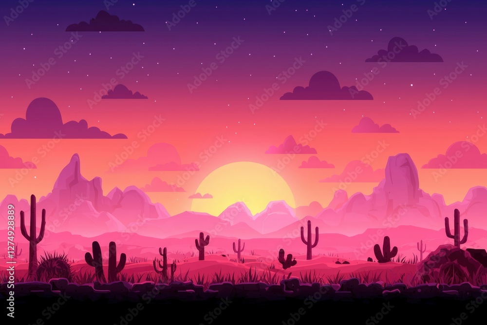 Fototapeta premium Desert sunset with cacti under starry sky. Concept for travel, background, ads