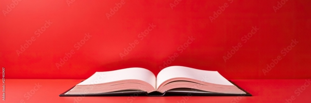 Red background with open photobook on a minimalist wall, simple, background, photography Red background with open photobook on a minimalist wall, simple, background, photography