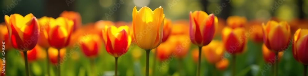 Yellow and red tulip blooms on a natural background with calathea majestica, red tulip, blooming, floral Yellow and red tulip blooms on a natural background with calathea majestica, red tulip, blooming, floral
